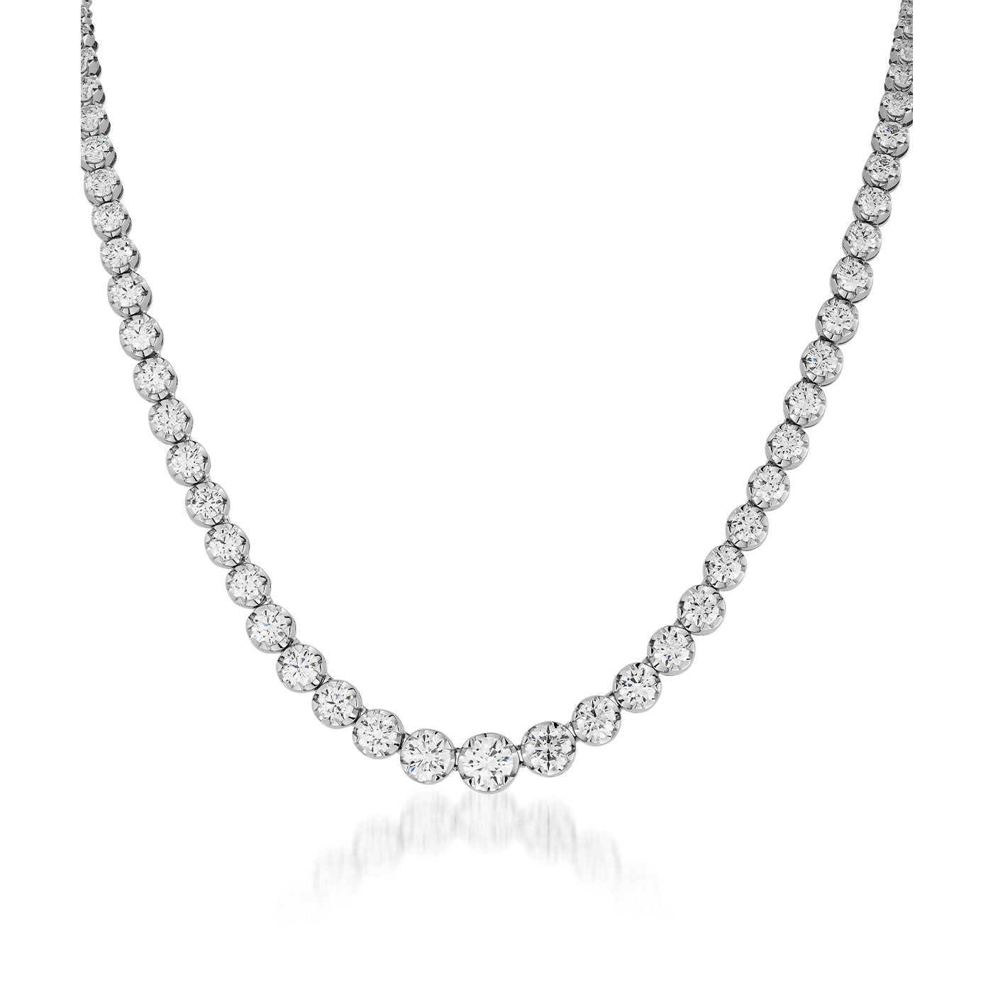 Introducing the Raffi&Co.® 18K White Gold Graduated Diamond Necklace: A stunning display of elegance featuring closely set diamonds arranged in a symmetrical curve. This exquisite piece from Raffi&Co shines brilliantly against its plain white background, highlighting its sophisticated design.