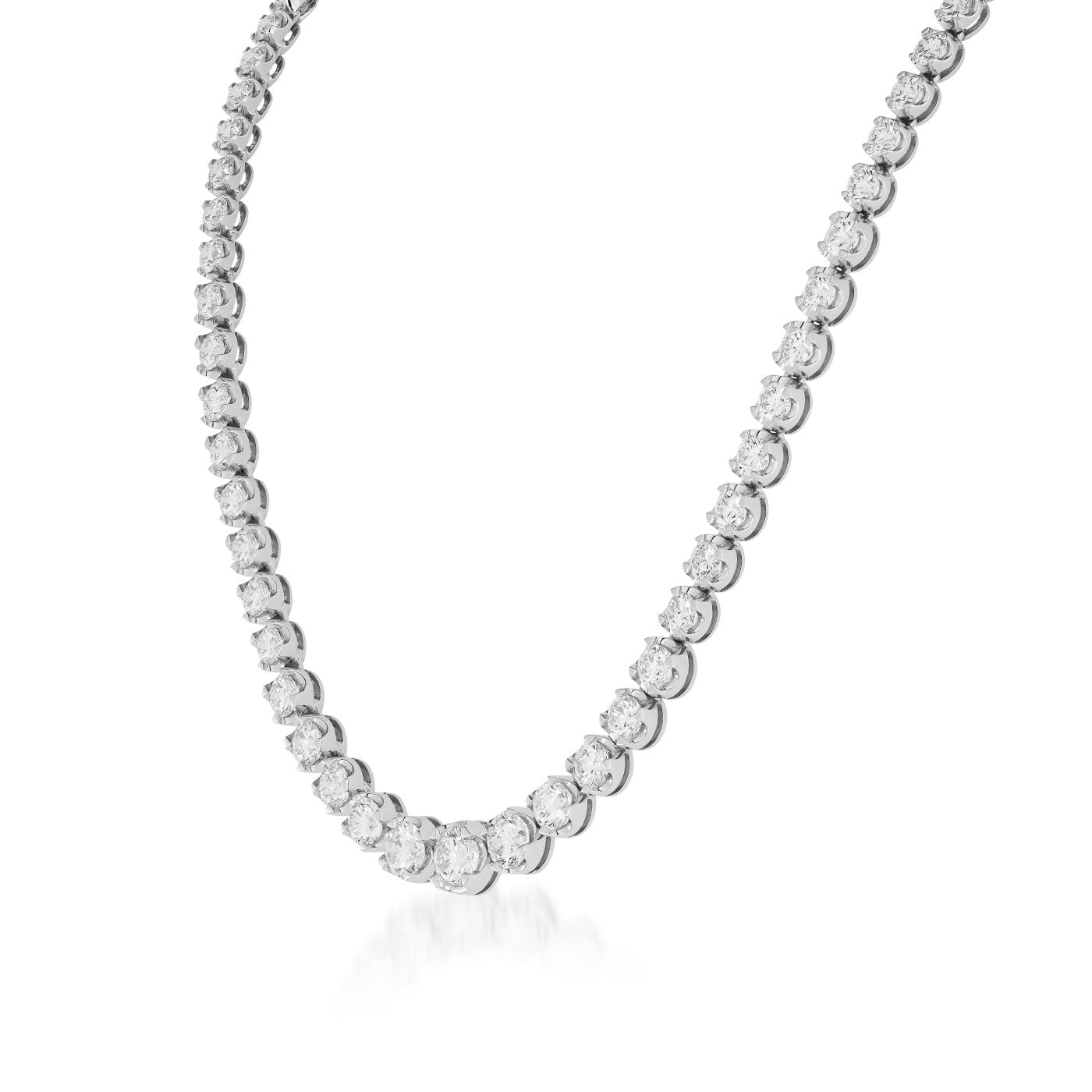 The image showcases a close-up of the Raffi&Co.® 18K White Gold Graduated Diamond Necklace, set against a white gradient background. This stunning piece from Raffi&Co features round, brilliant-cut diamonds elegantly arranged in a continuous line within an 18K white gold setting, highlighting its exquisite symmetry and sparkle.