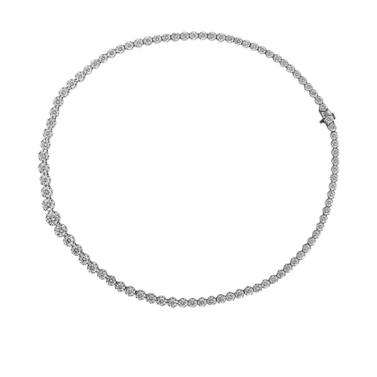 Close-up image of a Raffi&Co.® 18K White Gold Graduated Diamond Necklace, featuring a string of diamonds elegantly set in an unbroken loop, highlighted against a plain white background.