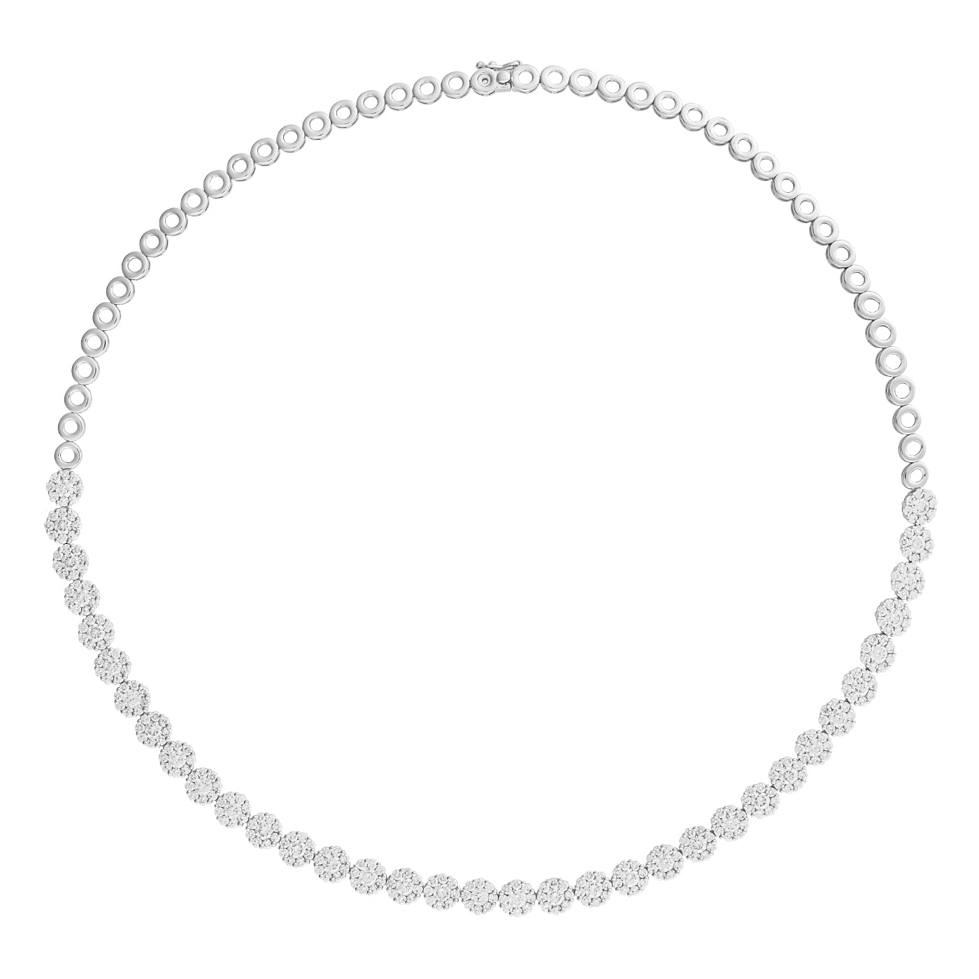 Introducing the Raffi&Co.® 18K White Gold Diamond Necklace, this enchanting piece showcases a graceful design with a symmetrical arrangement of alternating small circular and larger ornate links, exuding delicate elegance.