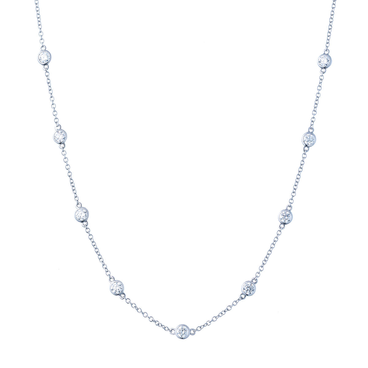 The Raffi&Co.® 14K White Gold Round Brilliant Diamond Station Necklace features a minimalist design with evenly spaced, bezel-set diamond-like stones along its delicate chain.