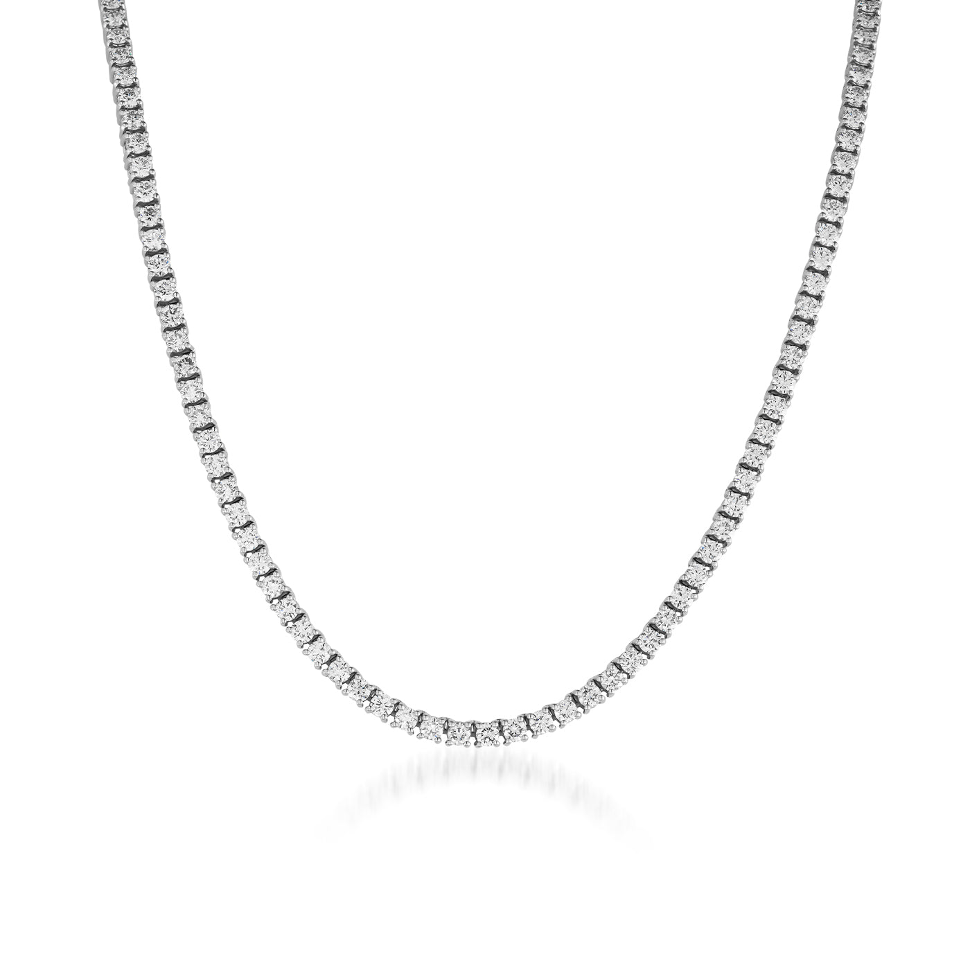 The Raffi&Co.® 18K White Gold Round Brilliant Diamond Tennis Necklace showcases a continuous line of shimmering stones in a timeless and sophisticated design. Presented on a white background, it emphasizes the necklace's brilliance and simplicity.