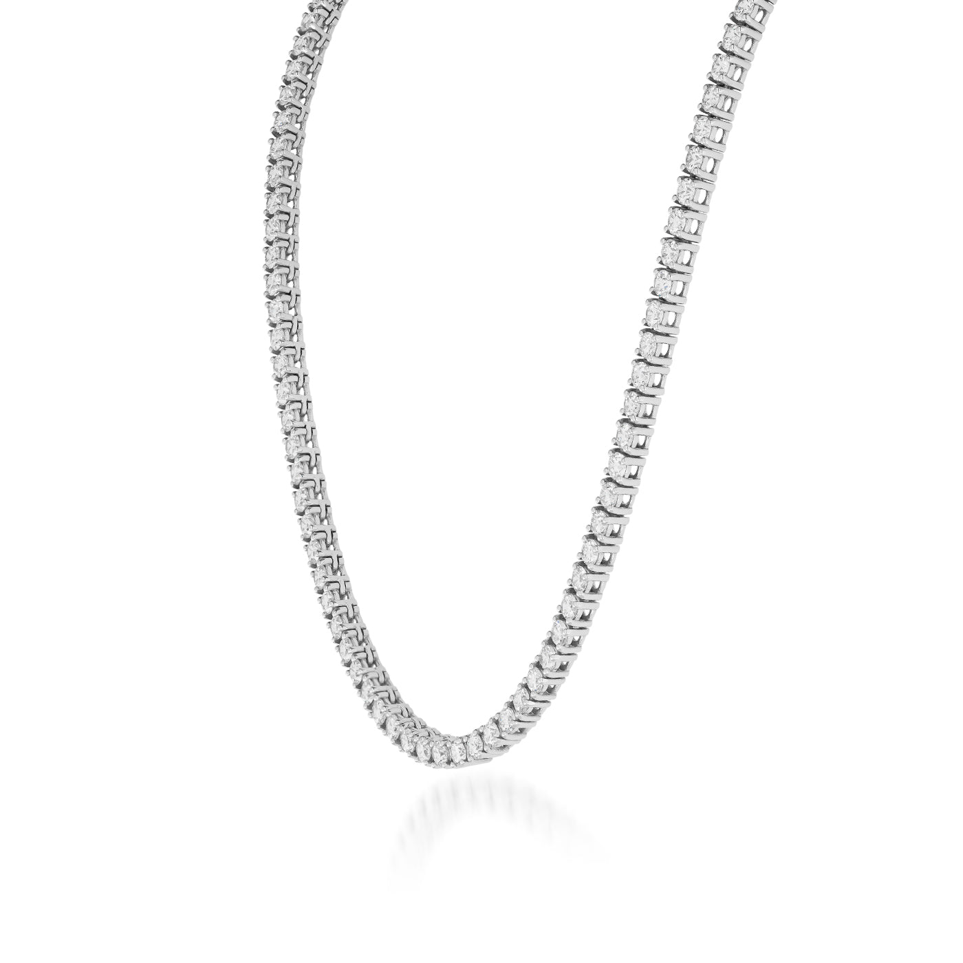 A Raffi&Co.® 18K White Gold Round Brilliant Diamond Tennis Necklace exudes elegance and luxury, with its flexible linked design creating a smooth curve against a white background. The intricately connected small links form a symmetrical pattern, subtly reflecting light like the gleam of this exquisite necklace from Raffi&Co.