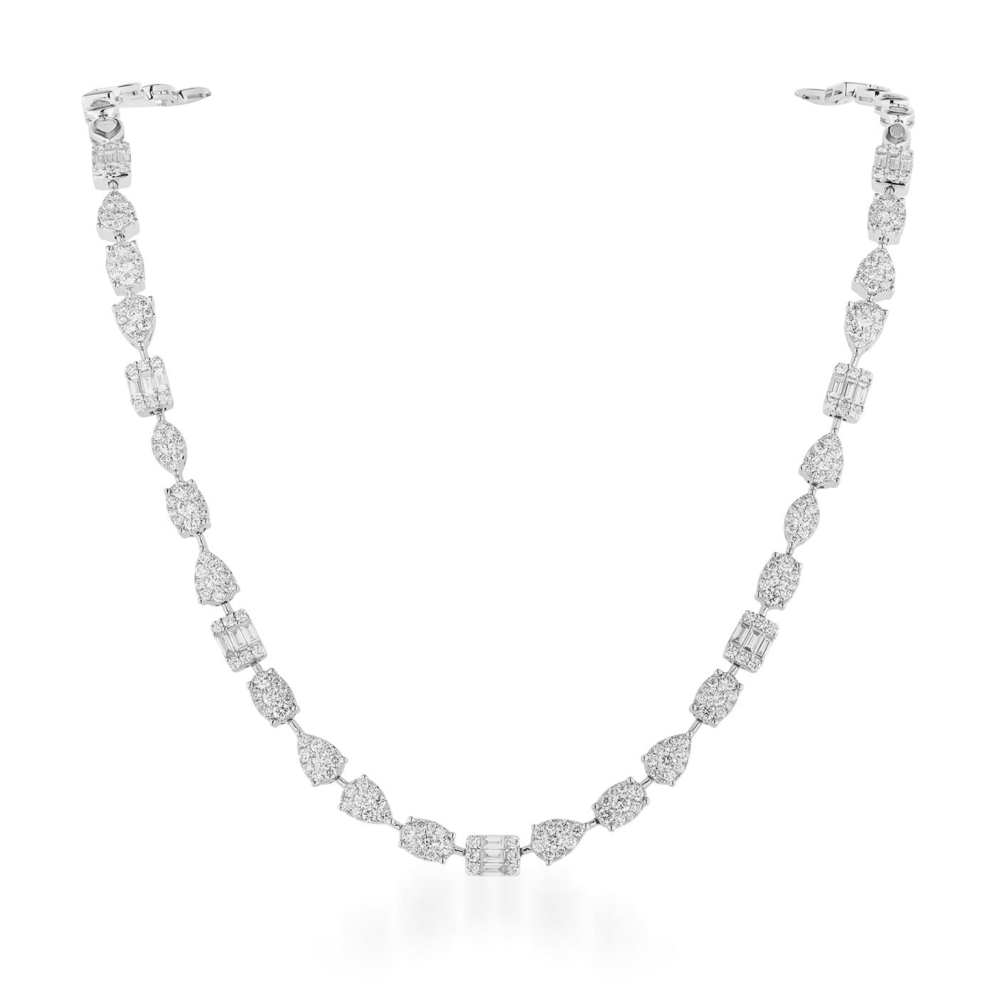 The Raffi&Co.® 18K White Gold Diamond Necklace features a series of alternating oval, marquise, and emerald-cut diamonds arranged in a symmetrical pattern. This luxurious piece by Raffi&Co radiates elegance as it rests against a plain white background, showcasing its exquisite diamond jewelry craftsmanship.