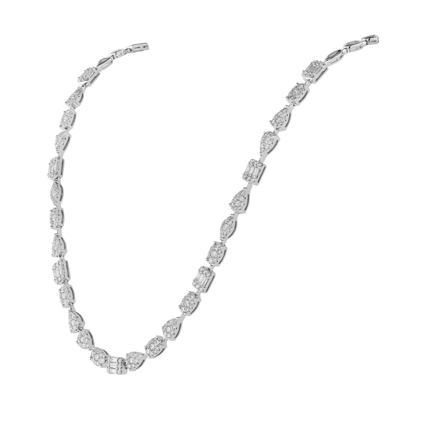 The Raffi&Co.® 18K White Gold Diamond Necklace epitomizes luxury, featuring diamond-encrusted links in oval, teardrop, and rectangular shapes meticulously arranged in an elegant pattern. This stunning piece of diamond jewelry by Raffi&Co is expertly photographed against a plain white background.