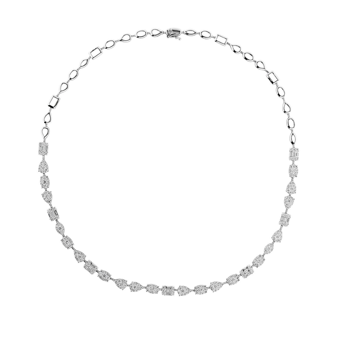 Introducing the Raffi&Co.® 18K White Gold Diamond Necklace, a delicate luxury piece crafted by Raffi&Co. This exquisite necklace features an intricate design of linked diamond-shaped elements and a series of small, sparkling stones along the chain, forming a complete circle that perfectly showcases a blend of elegance and simplicity.