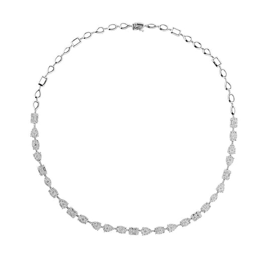 Introducing the Raffi&Co.® 18K White Gold Diamond Necklace, a delicate luxury piece crafted by Raffi&Co. This exquisite necklace features an intricate design of linked diamond-shaped elements and a series of small, sparkling stones along the chain, forming a complete circle that perfectly showcases a blend of elegance and simplicity.