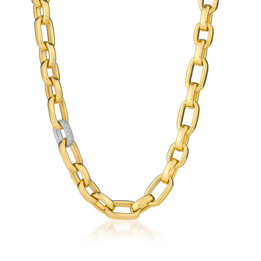 Explore the Raffi&Co.® 18K Yellow Gold Diamond Chain Necklace, distinguished by its sophisticated oval link design with a single silver diamond-studded link placed on the left side. Its polished surface captures light, producing a dramatic contrast against a simple white background.