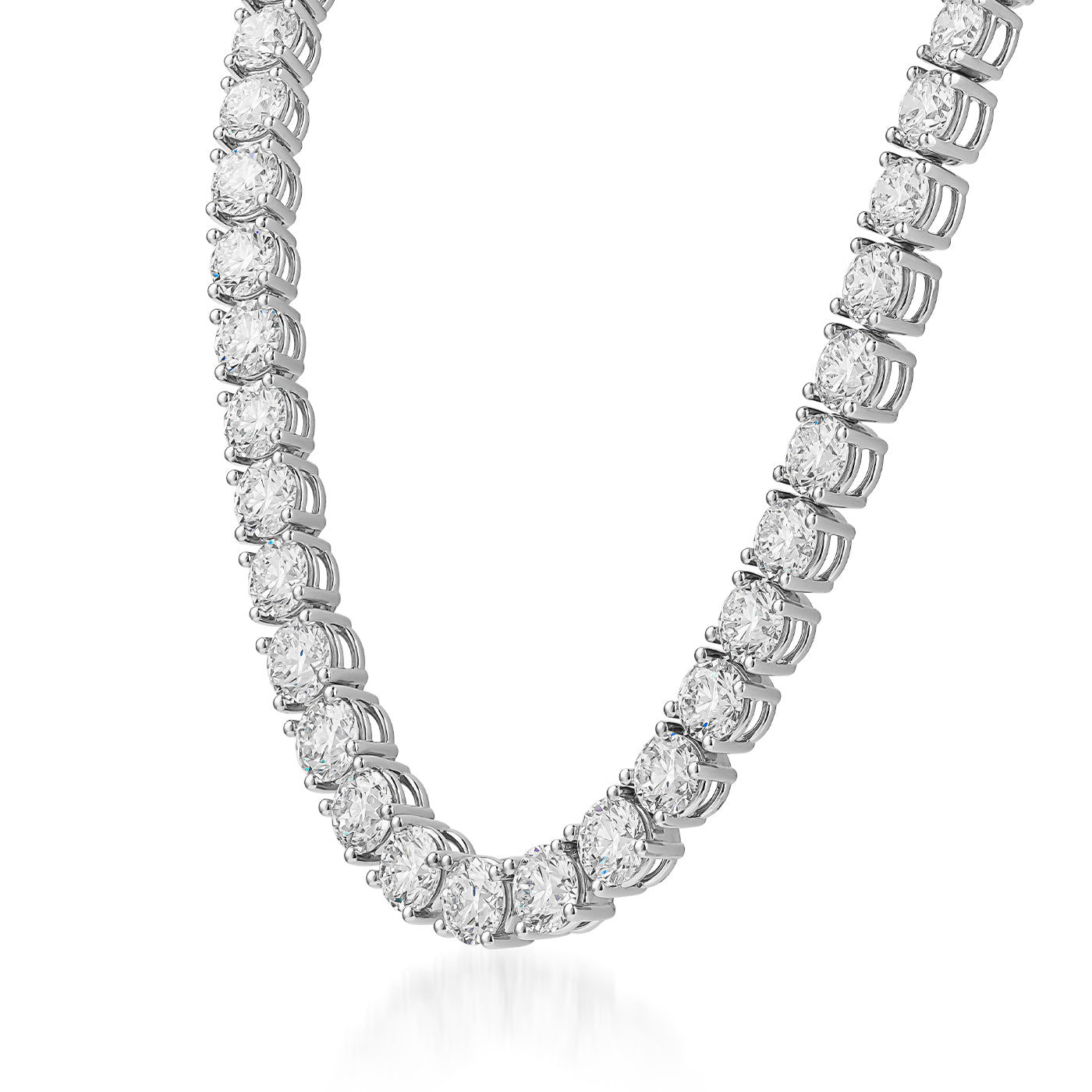 A detailed view of the Raffi&Co.® 18K White Gold Graduated Diamond Necklace showcases stunning round-cut diamonds in an elegant prong setting. The GIA certified gems are artistically arranged in a seamless loop, exquisitely crafted from 18K white gold, set against a stark white background.