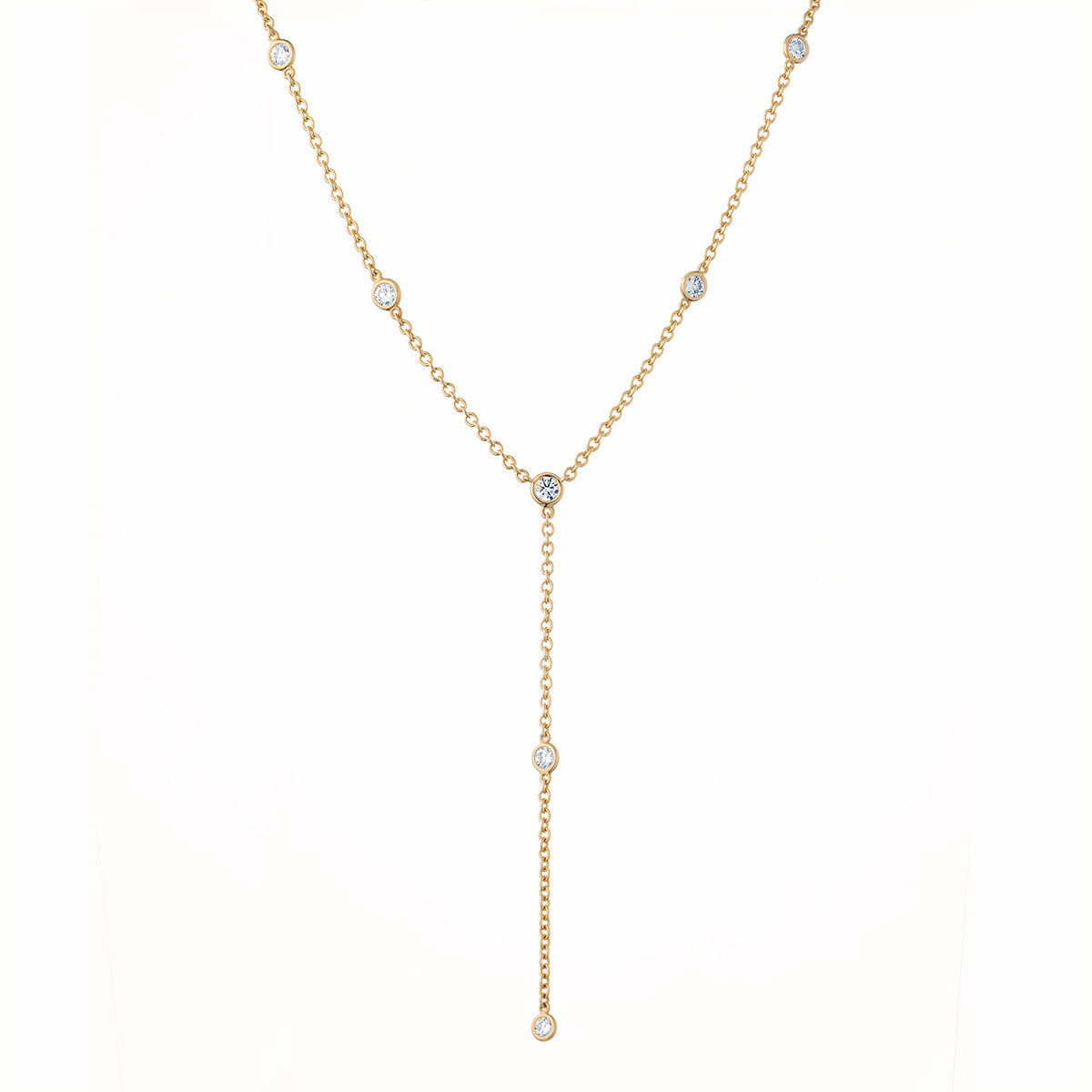 Raffi&Co.® 14K Yellow Gold Lariat Necklace showcases round brilliant diamond accents evenly spaced, featuring an extended drop section on a plain white backdrop.