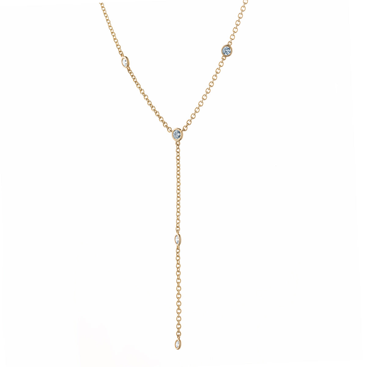 The Raffi&Co.® 14K Yellow Gold Round Brilliant Diamond Lariat Necklace features a delicate Y-shaped design with small, evenly spaced round diamond accents for an elegant and simple look.