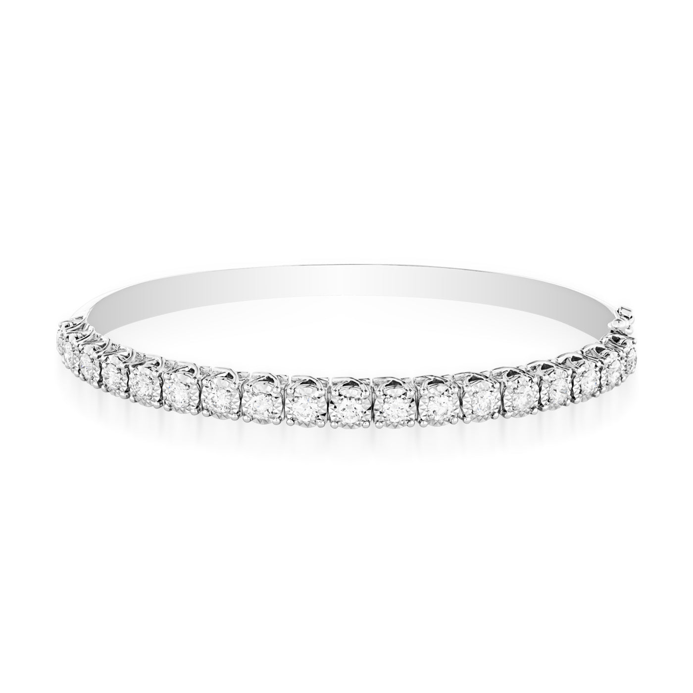 The Raffi&Co.® 18K White Gold Diamond Bangle features evenly spaced, sparkling diamonds that highlight its exquisite craftsmanship. This circular bangle exudes elegance and luxury, with its shiny and reflective surface enhancing the brilliance of each gemstone.