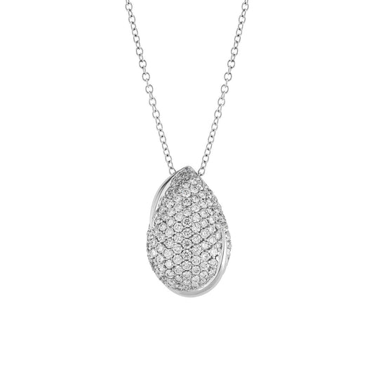 A teardrop design pendant encrusted with sparkling diamonds hangs from a delicate 18K white gold chain. The Raffi&Co.® 18K White Gold Diamond Fashion Pendant Necklace boasts a smooth, elegant style that accentuates its glittering surface, while the simple chain perfectly complements its shine.