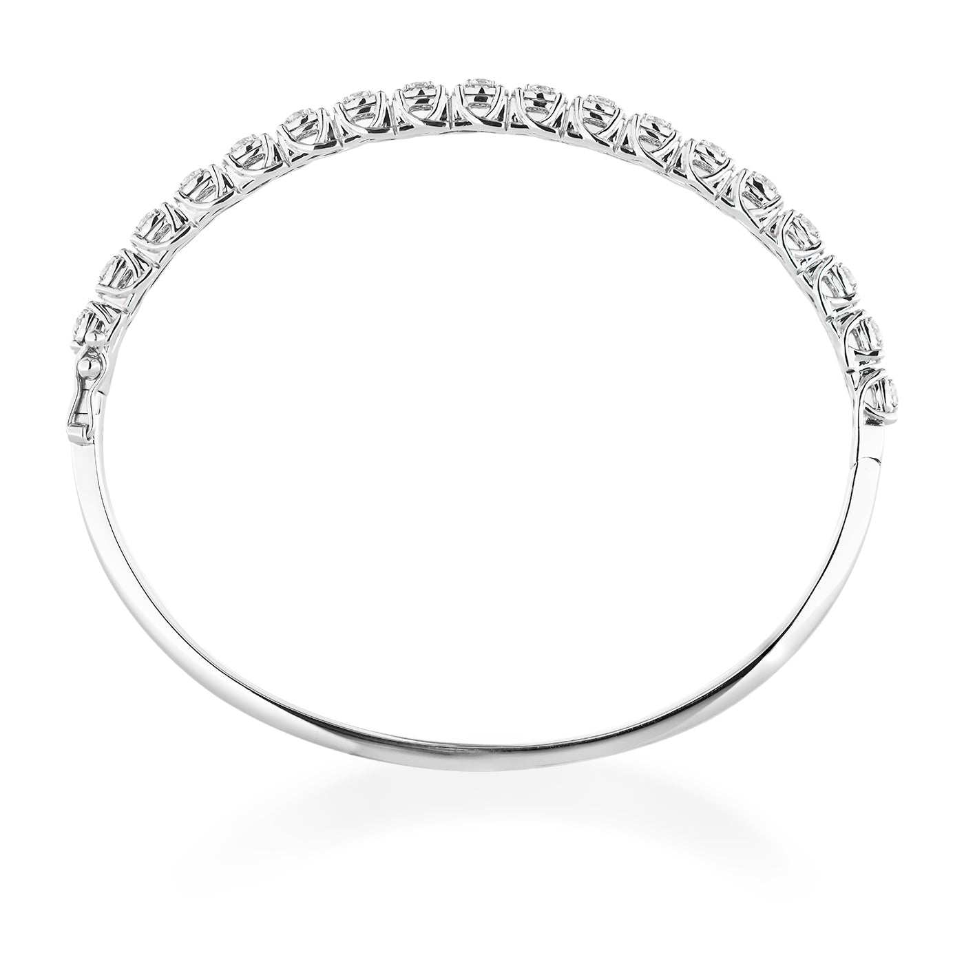 Introducing the Raffi&Co.® 18K White Gold Diamond Bangle: a bracelet showcasing exquisite craftsmanship with its silver-colored appearance, adorned with sparkling round gemstones on the top half. The elegant and minimalist design beautifully highlights the dazzling row of stones against a pristine white gold backdrop.