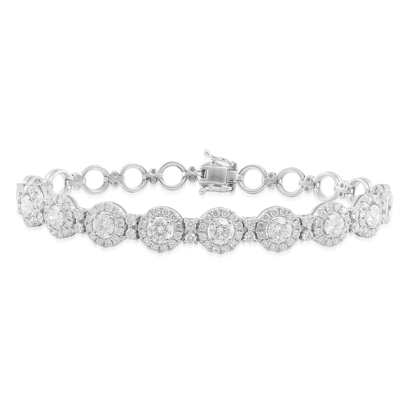 A luxurious and elegant Raffi&Co.® 18K White Gold Diamond Bracelet showcasing circular, diamond-encrusted links connected by small round links. Crafted with precision, it features a secure clasp for fastening and is beautifully displayed against a white background.