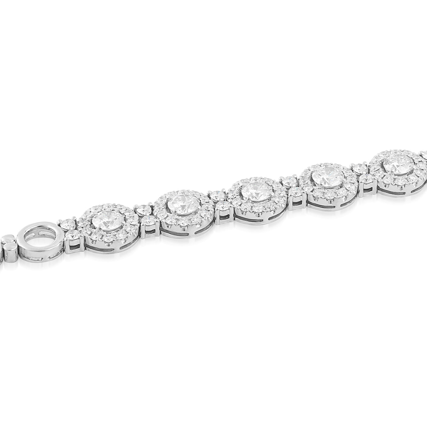 Experience the sophistication of the Raffi&Co® 18K White Gold Diamond Bracelet. This exquisite piece boasts a series of round, dazzling diamond-like embellishments set in intricately designed circular mounts, crafted with premium 18K white gold for a touch of elegant refinement.