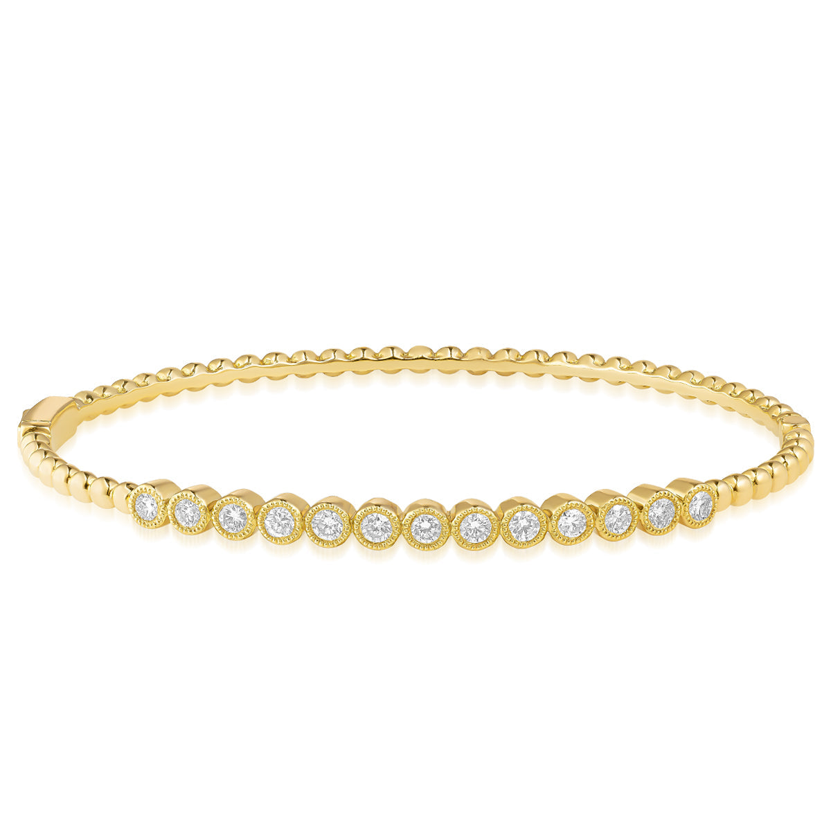 Introducing the Raffi&Co.® 18K Yellow Gold Diamond Bracelet by Raffi&Co, a stunning piece featuring a series of beautifully arranged round diamond accents along its length. The textured band adds an elegant touch to its design, while the bracelet gracefully tapers at the clasp for a delicate and refined style.