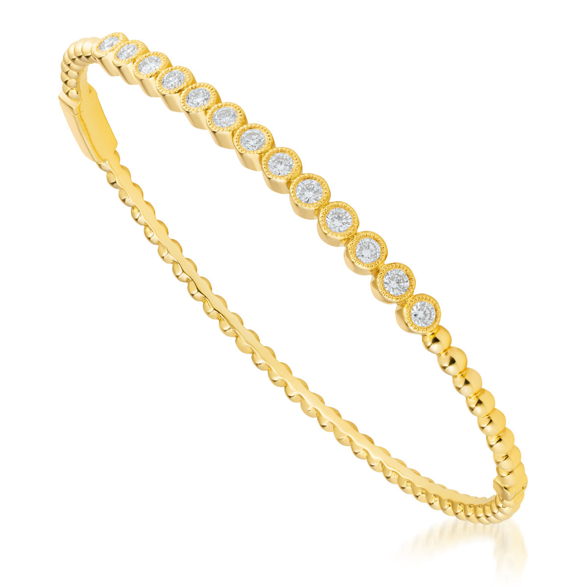 The Raffi&Co.® 18K Yellow Gold Diamond Bracelet showcases a series of round diamond settings along one side, complemented by a simple gold band design on the other. The bracelet is elegantly displayed on a white background, accentuating its luxurious appearance.