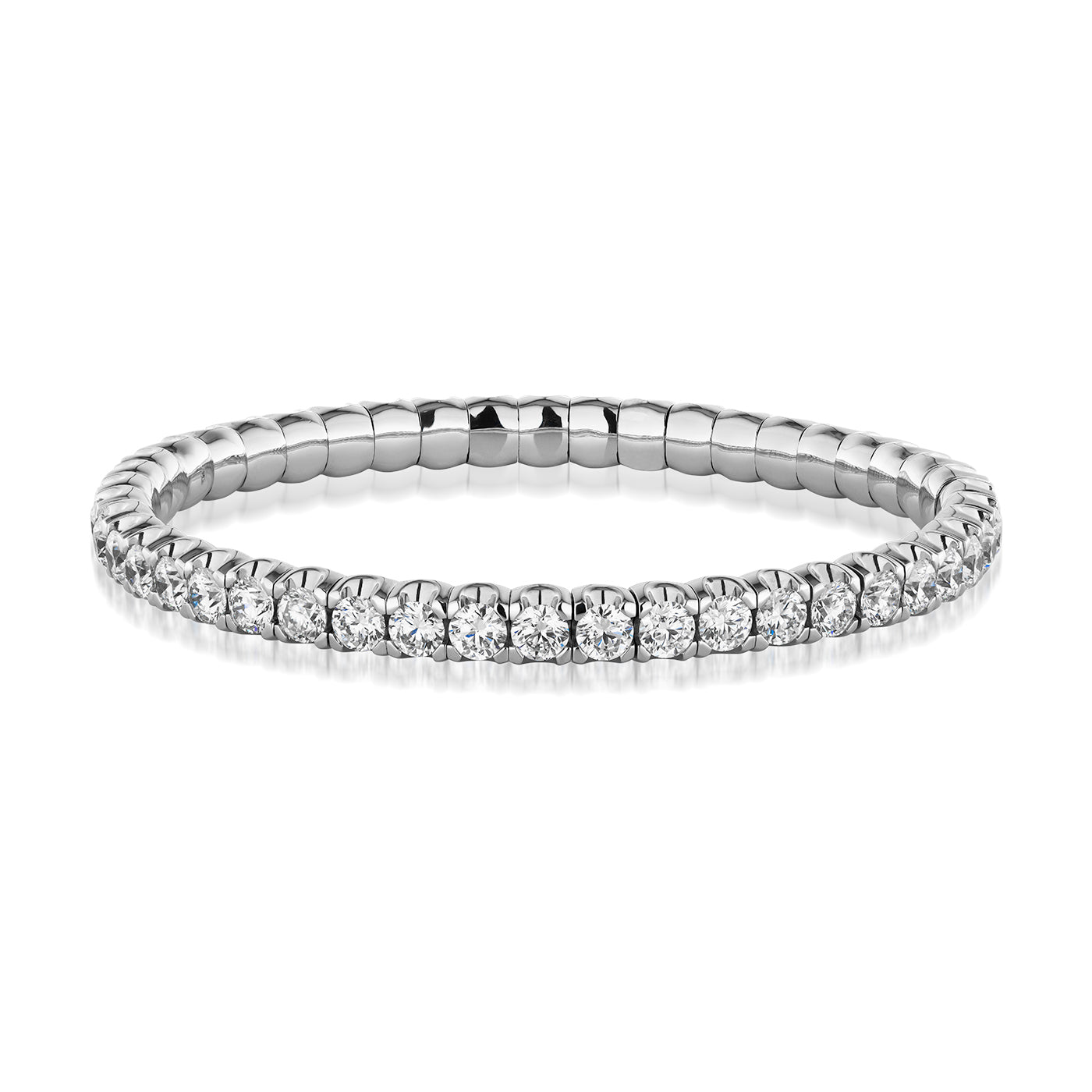 Introducing the Raffi&Co® 18K White Gold Diamond Tennis Bracelet, crafted with elegant 18K white gold. This exquisite piece features clear round diamonds arranged in a continuous line, beautifully highlighted against a simple white background.