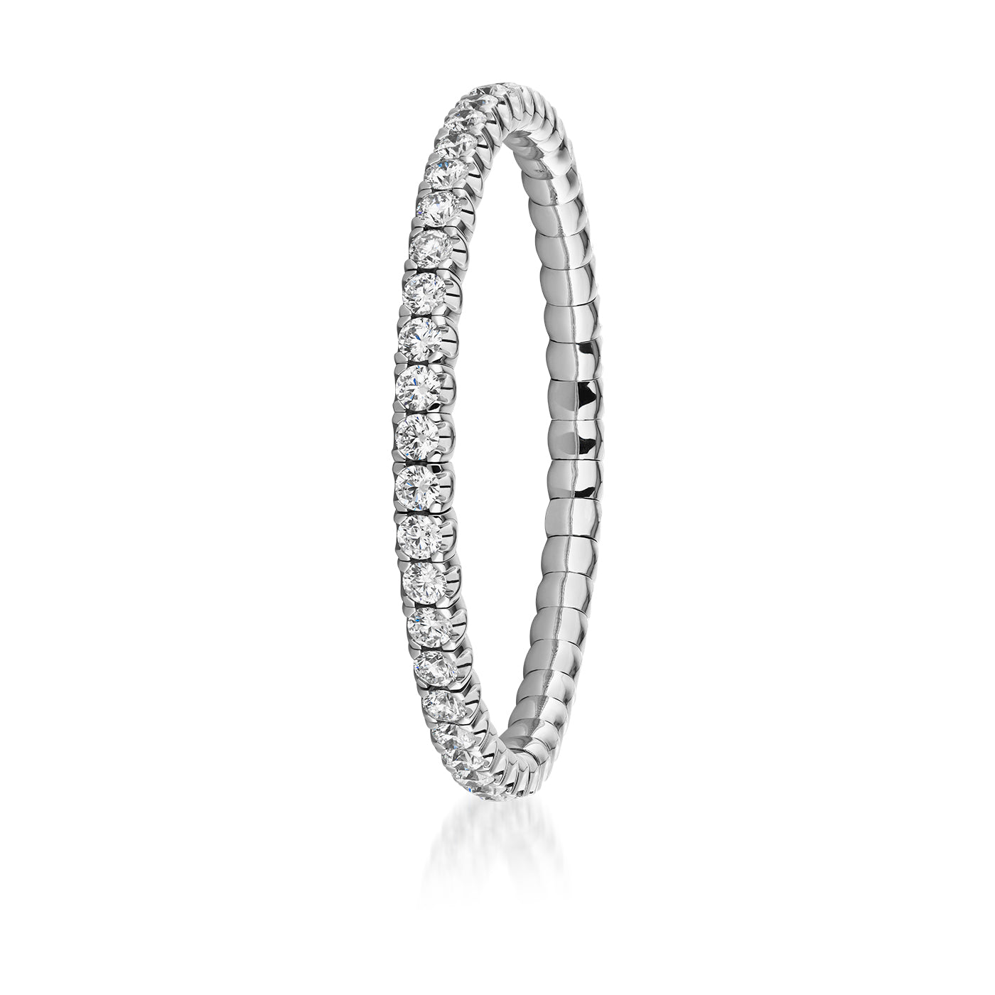 This slender and sophisticated Raffi&Co® 18K white gold diamond tennis bracelet features a continuous row of small, round diamonds. Its glossy and reflective surface enhances the brilliance of the diamonds, offering a sparkling, seamless design.