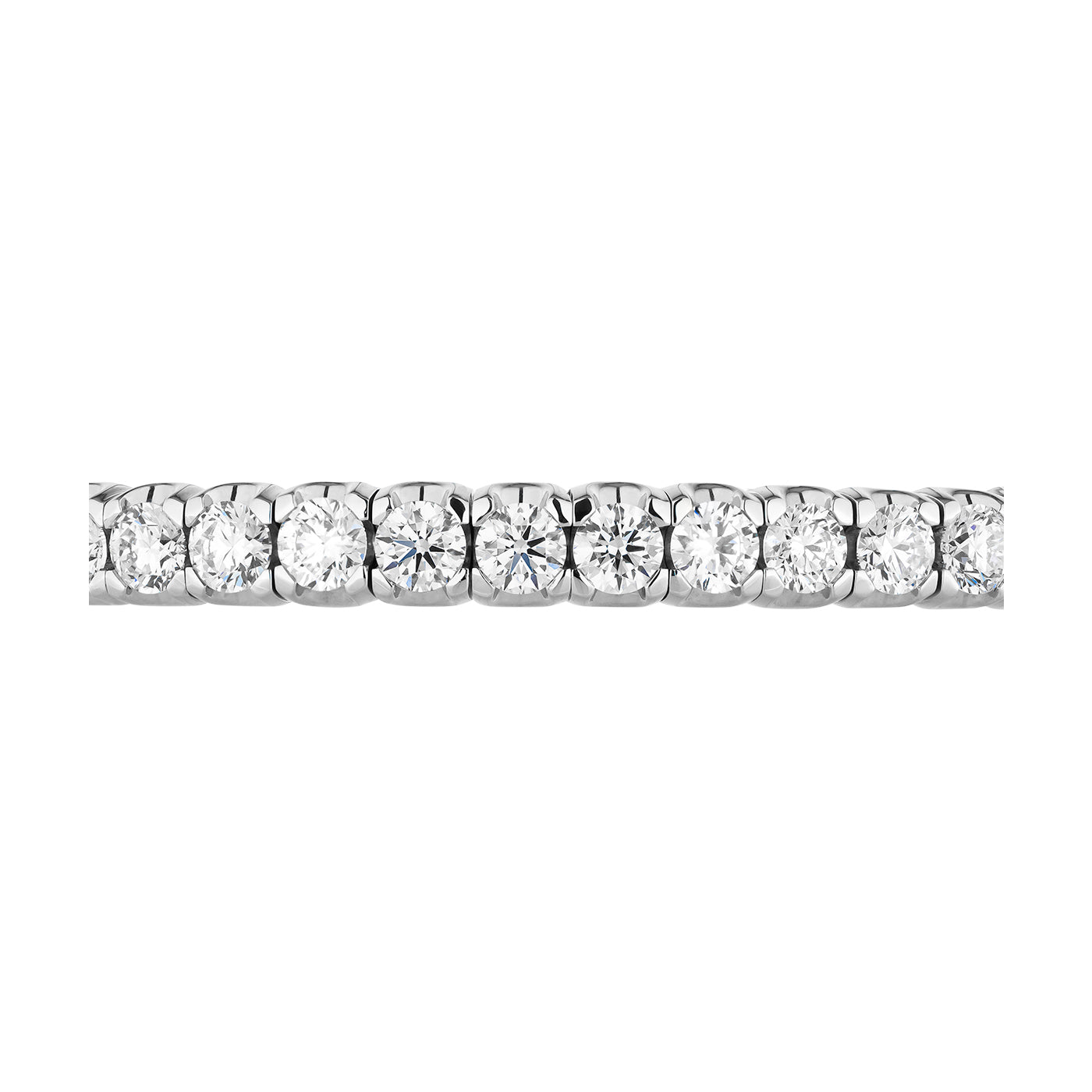 A close-up of the Raffi&Co® 18K White Gold Diamond Tennis Bracelet featuring round-cut diamonds arranged in a continuous line, each elegantly secured in 18K white gold settings. The bracelet exhibits a radiant shine against a white background.