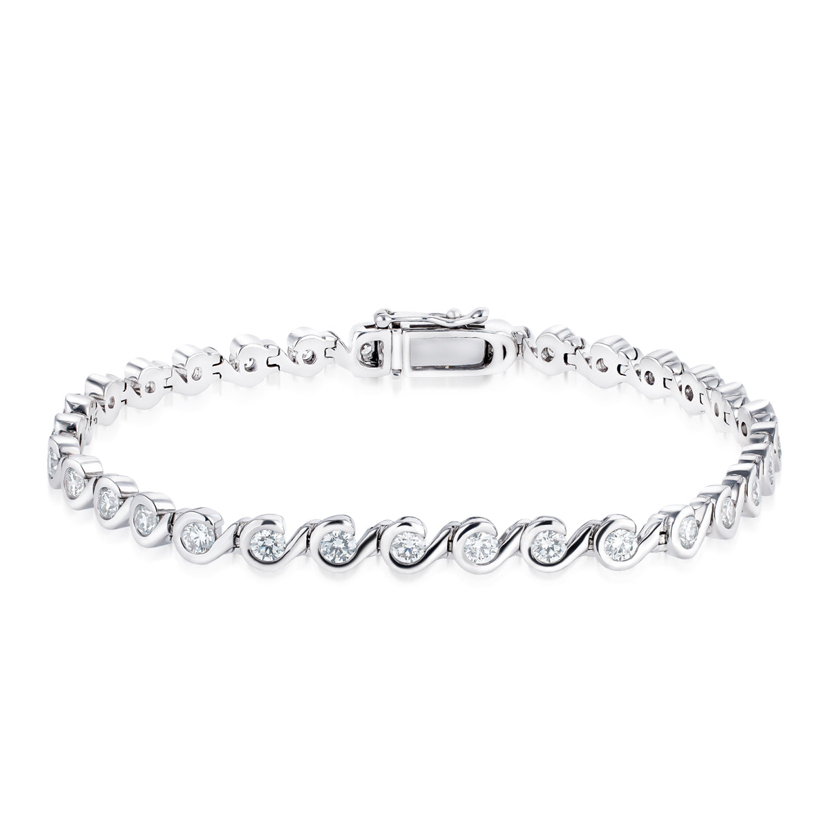 The Raffi&Co® 14K White Gold Round Brilliant Diamond Tennis Bracelet features a minimalist design with teardrop-shaped links, each enclosing a gem, a sleek polished finish, and a secure clasp.