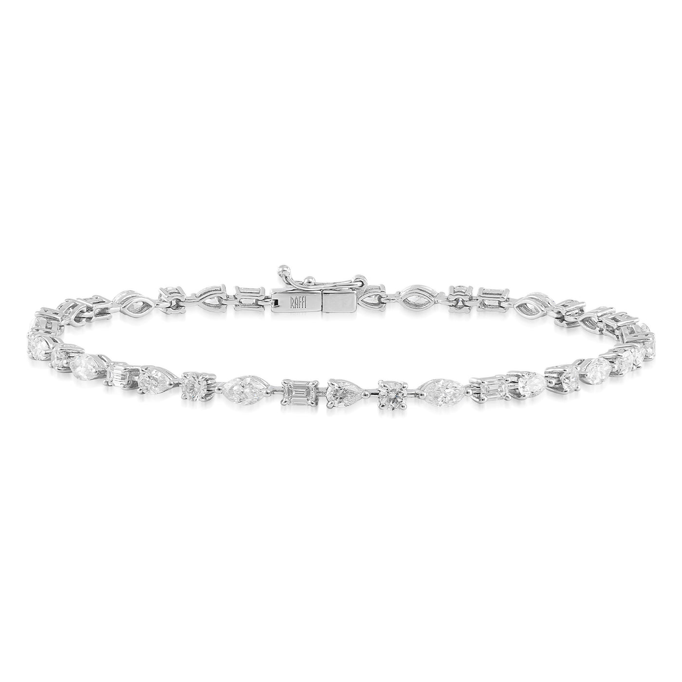 The Raffi&Co.® 18K White Gold Multi Shape Diamond Bracelet features a breathtaking selection of diamonds in round, marquise, and pear cuts, intricately linked together. The elegantly visible clasp enhances the beauty of this exquisite diamond bracelet against a plain white background.