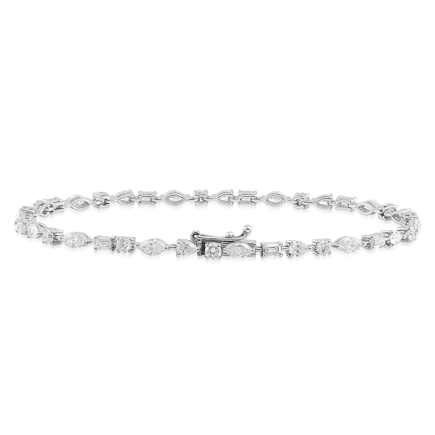 Introducing the Raffi&Co.® 18K White Gold Multi Shape Diamond Bracelet, a stunning piece from Raffi&Co that boasts an exquisite combination of diamond links in round, marquise, and geometric shapes. This elegant bracelet is seamlessly connected and features a sleek, secure clasp, ensuring it remains gracefully fastened on your wrist.