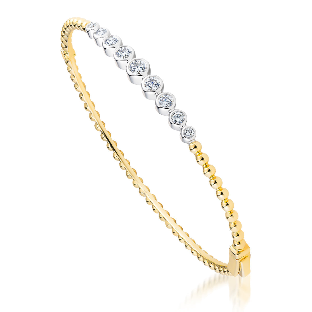 Introducing the Raffi&Co.® 18K Yellow Gold Diamond Bracelet, a stunning piece from Raffi&Co that showcases a sleek and textured design. This bracelet features a row of circular silver settings, each cradling a sparkling diamond, seamlessly blending modern elegance with classic charm.