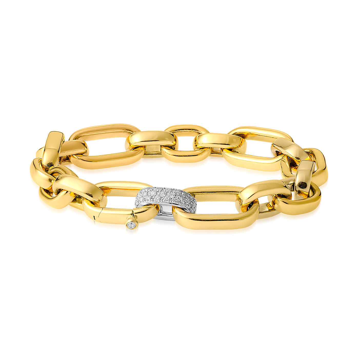 Discover the elegance of the Raffi&Co® 18K Yellow Gold Diamond Chain Bracelet. This exquisite piece features large rectangular links, with one adorned in sparkling diamonds and another featuring a dangling diamond charm. It is polished to perfection and includes a hinge clasp for secure wear.