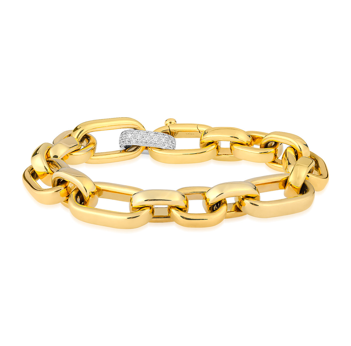 Introducing the Raffi&Co® 18K Yellow Gold Diamond Chain Bracelet, a gold chain bracelet expertly crafted with large rectangular links and rounded edges. One of the links is adorned with small, sparkling gemstones, adding a touch of elegance to its robust design.