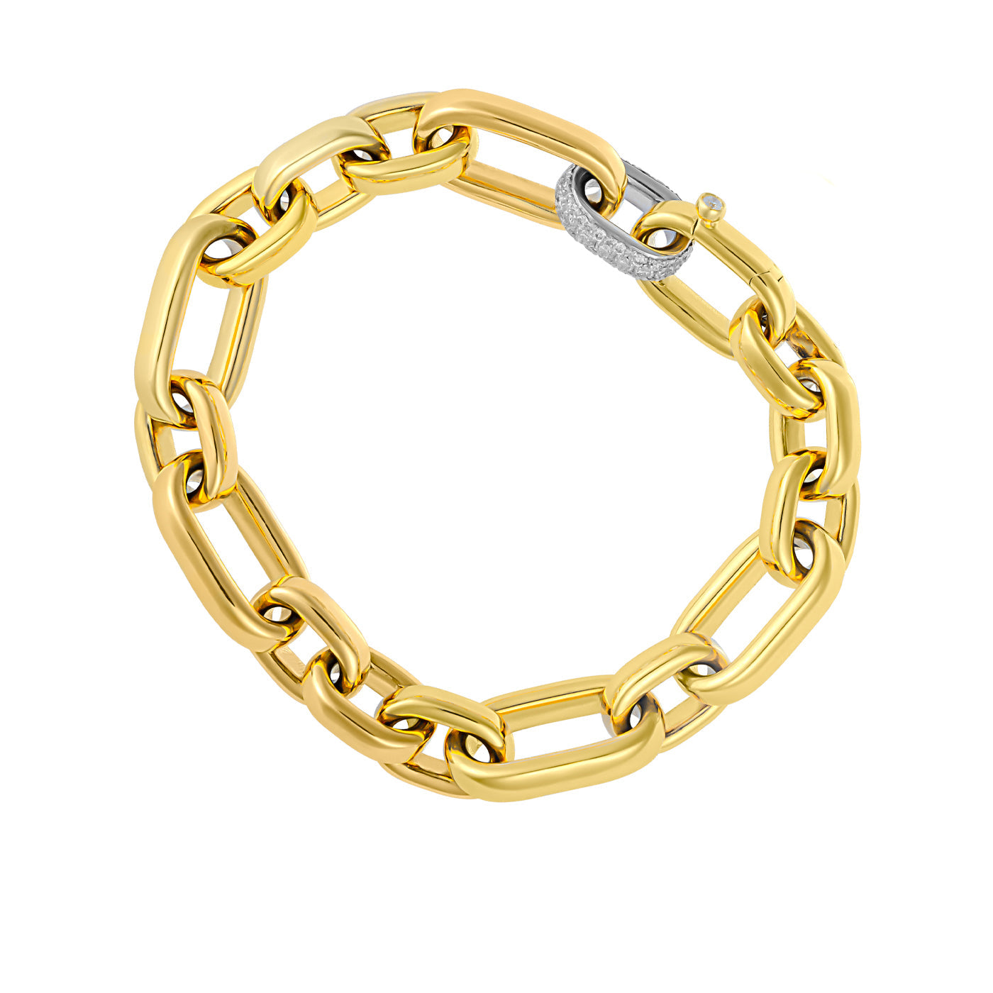 The Raffi&Co.® 18K Yellow Gold Diamond Chain Bracelet features large oval links crafted from 18K yellow gold, complemented by a clasp embellished with small diamonds that beautifully contrast with the links, adding a touch of sparkle to its elegant design.