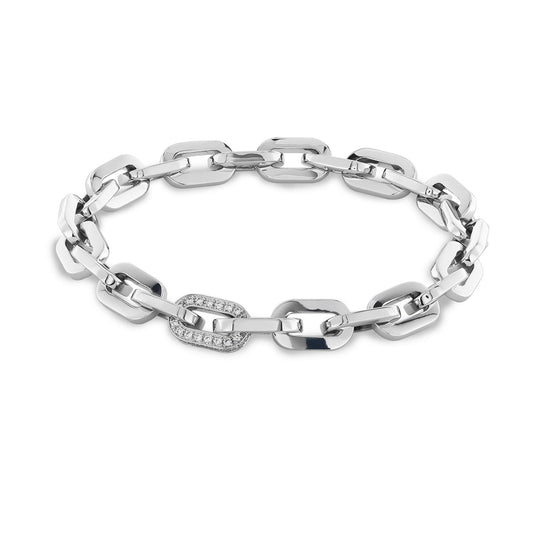 The Raffi&Co.® 18K White Gold Diamond Chain Bracelet, a luxurious piece by Raffi&Co, showcases handcrafted links encrusted with small sparkling diamonds, elegantly displayed on a white background.