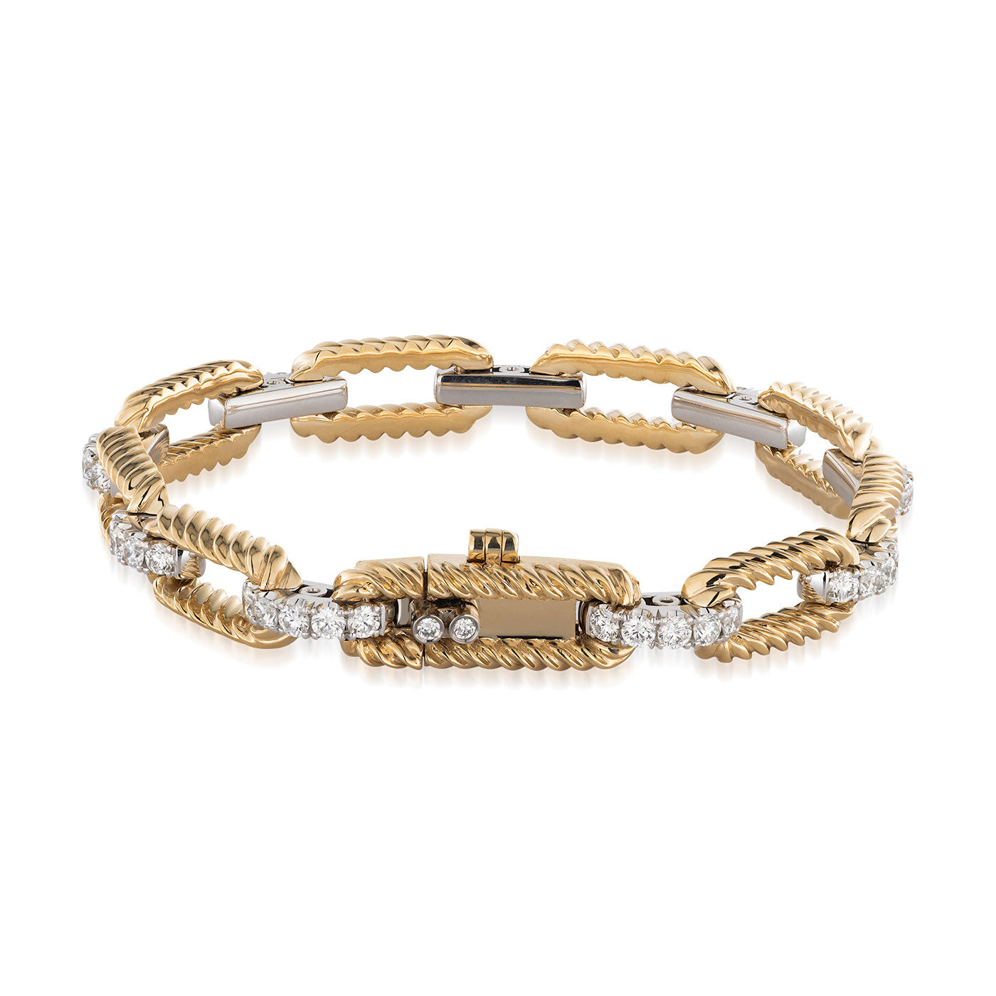 The Raffi&Co.® 14K Yellow and White Gold Diamond Bracelet showcases intricately designed links embedded with diamonds and features a hinged clasp. The alternating smooth and textured surfaces of the links create a sophisticated, elegant appearance.