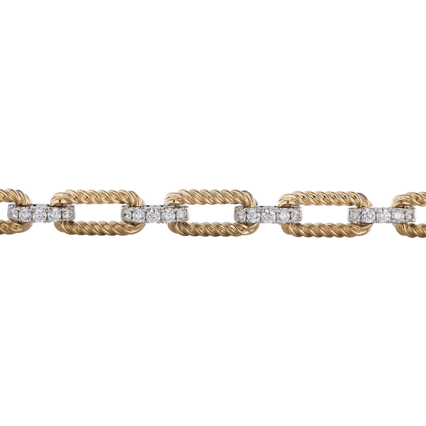 Indulge in the luxury of the Raffi&Co® 14K Yellow and White Gold Diamond Bracelet, featuring stylish rectangular links. This stunning accessory showcases a twisted rope design with intertwined silver segments, elegantly adorned with diamonds for a sophisticated look.