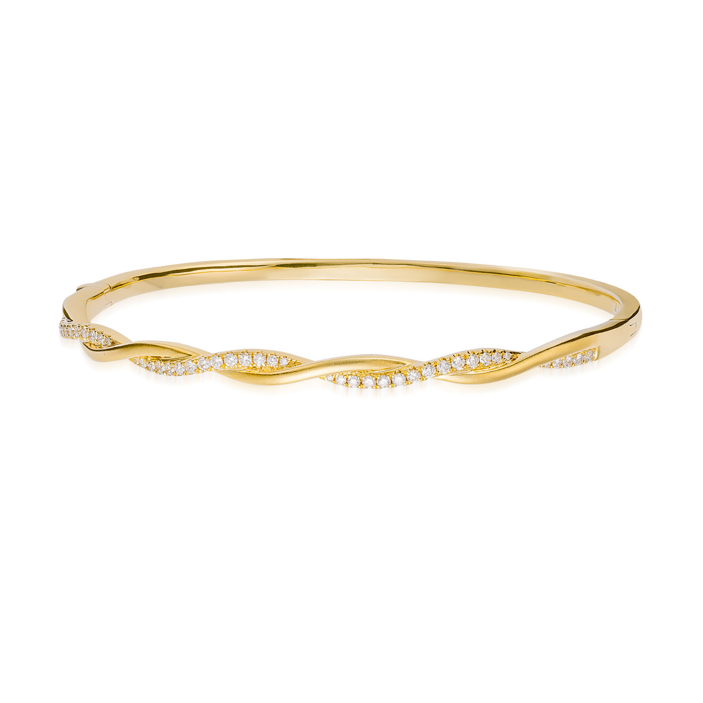 Introducing the Raffi&Co.® 18K Yellow Gold Diamond Bracelet, featuring a twisted design adorned with small, sparkling diamonds along its curves. This bracelet exudes a sleek and elegant appearance, true to the exceptional craftsmanship of Raffi&Co.
