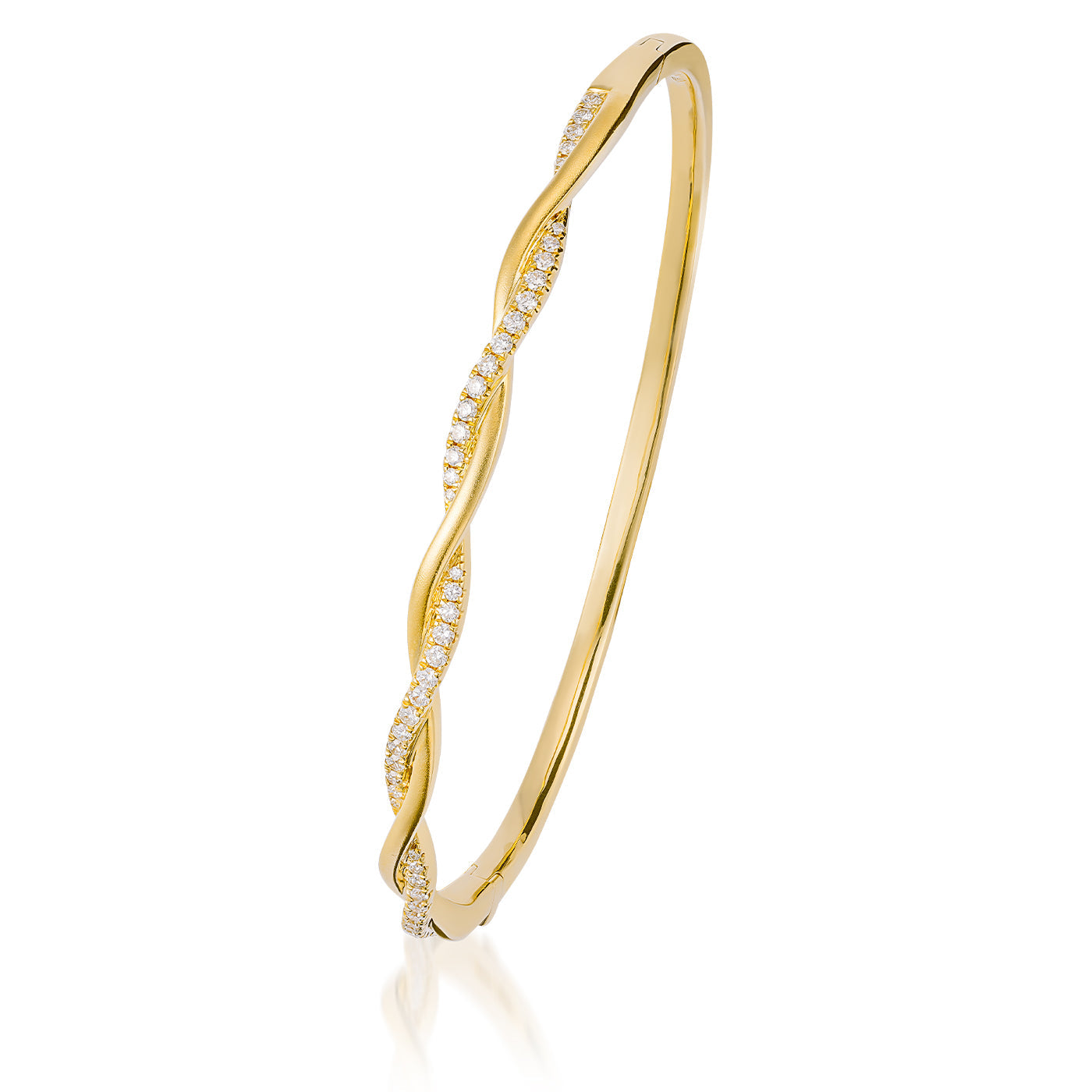A slim Raffi&Co.® 18K Yellow Gold Diamond Bracelet with a twisted design, featuring a line of small sparkling diamonds along one side, is elegantly posed on a reflective surface.