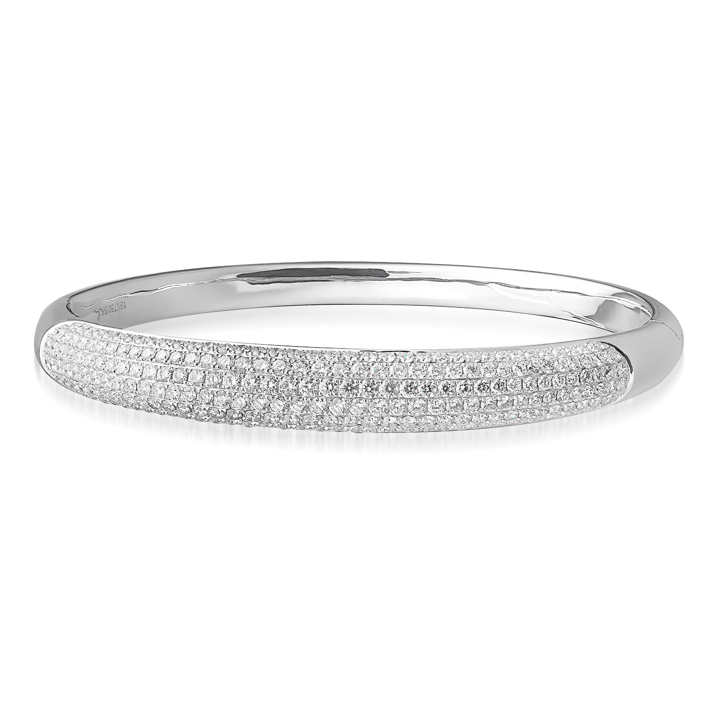 Introducing the Raffi&Co.® 18K White Gold Diamond Bangle, a silver masterpiece adorned with small diamonds in a lined pattern that creates a sparkling effect. This elegant bracelet is crafted in 18K white gold, offering a smooth and polished finish, beautifully showcased against a white background.