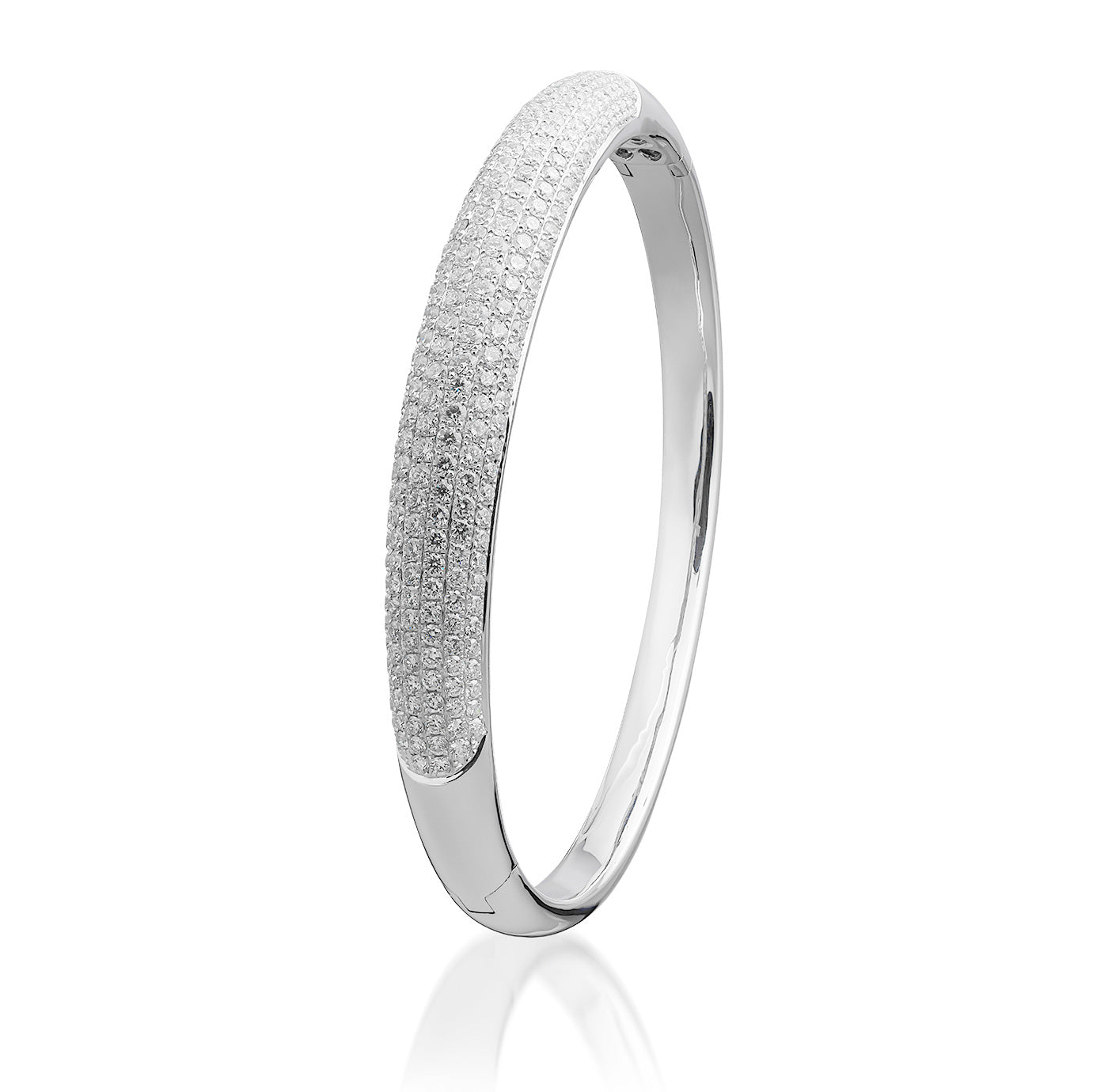 The Raffi&Co.® 18K White Gold Diamond Bangle is an elegant piece designed with 18K white gold and adorned with small, dazzling diamonds that catch the light beautifully. One side of the bangle boasts a sleek, polished surface, while the opposite side glistens with multiple rows of diamonds set against a simple white backdrop.