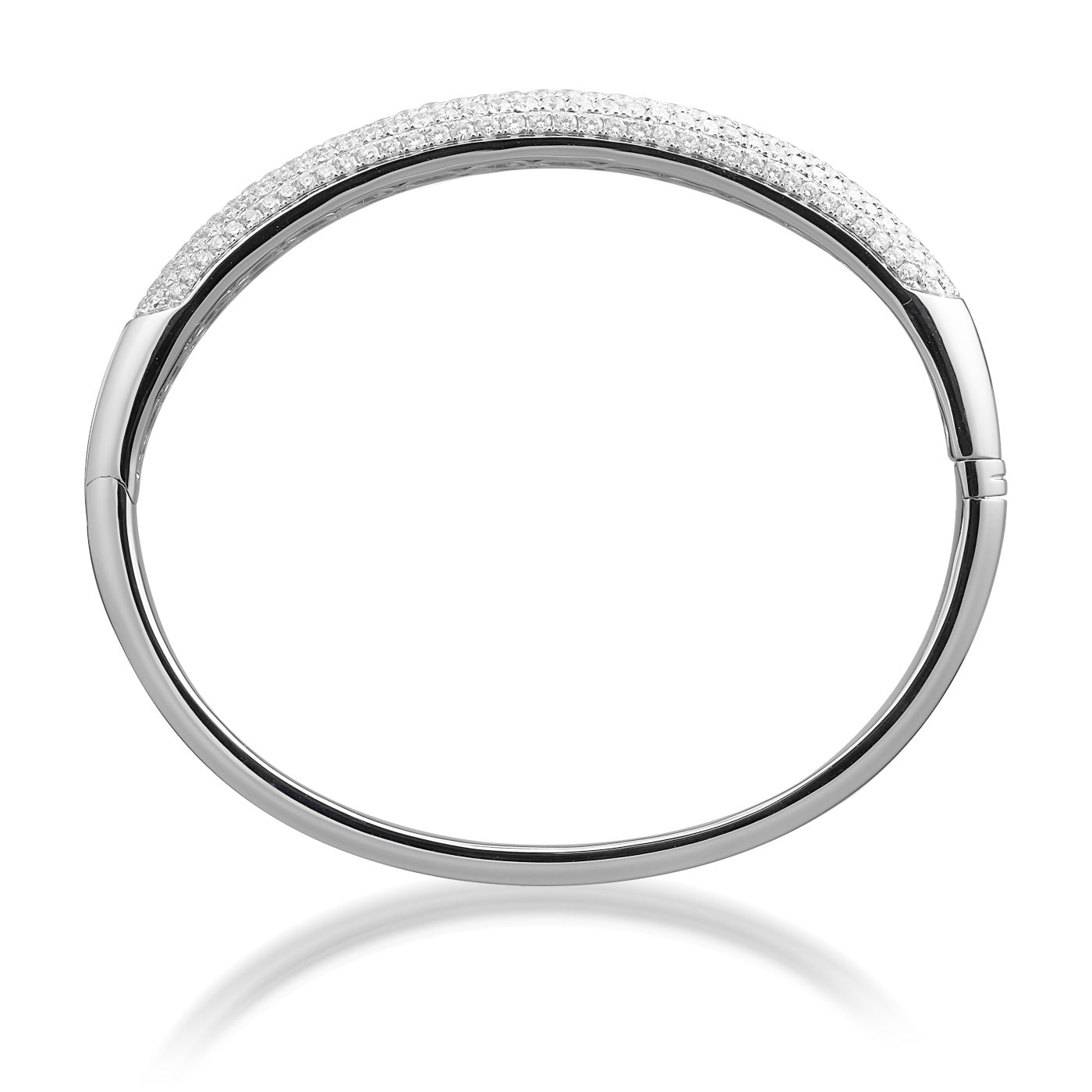 Introducing the Raffi&Co.® 18K White Gold Diamond Bangle: a sophisticated silver bracelet featuring small, sparkling diamonds on its top half. Expertly crafted in 18K white gold, it showcases a polished finish and seamless, elegant design, highlighted beautifully against a plain white background.