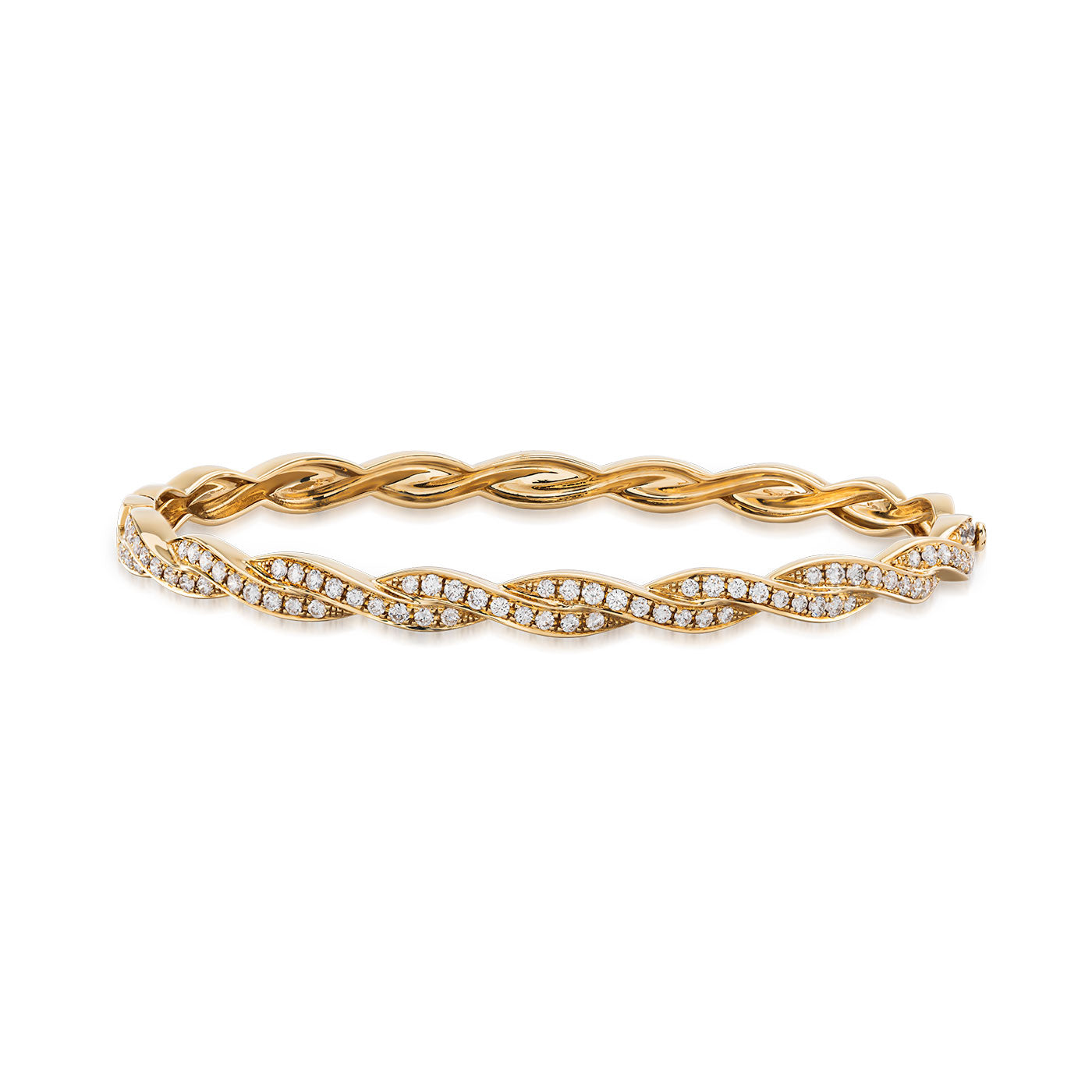 The Raffi&Co.® 18K Yellow Gold Round Brilliant Diamond Bangle features a twisted design with diamonds set in a wavy pattern, offering an elegant and luxurious look.