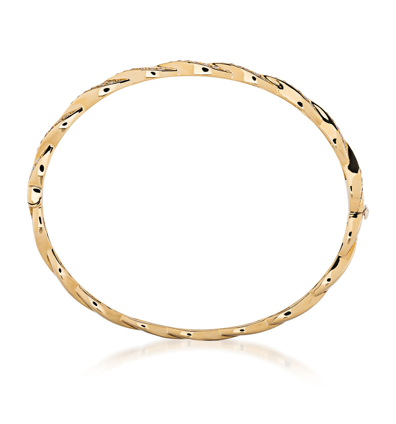 The Raffi&Co.® 18K Yellow Gold Bangle showcases a twisted design with small black spots and a polished finish, beautifully displayed on a white background.