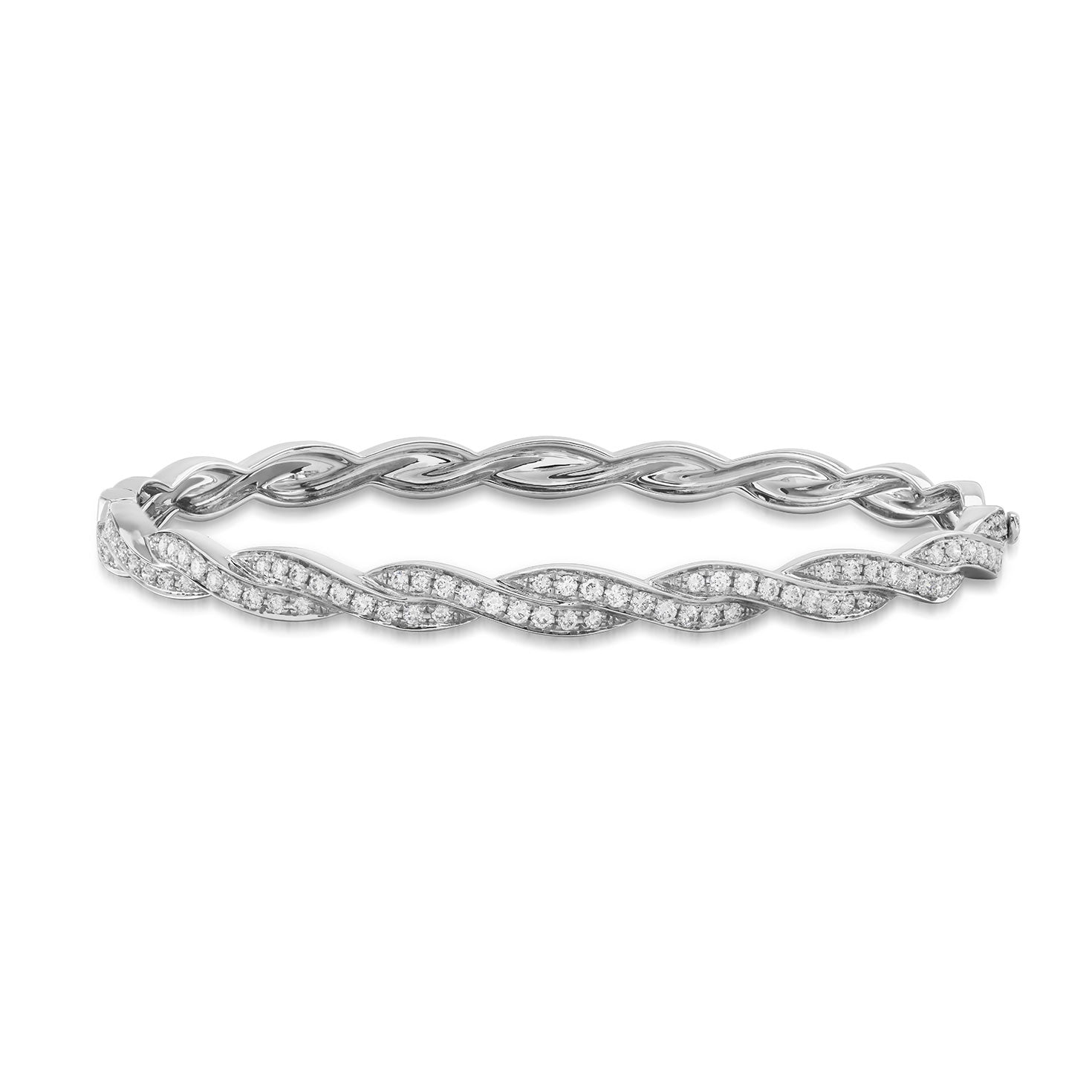 The Raffi&Co.® 18K White Gold Diamond Bangle features a twisted design adorned with dazzling diamonds, creating an elegant and intricate pattern.