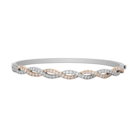 Introducing the Raffi&Co.® 18K White & Rose Gold Diamond Bangle, a captivating bracelet that boasts an elegant twisted rope design adorned with brilliant diamond accents.