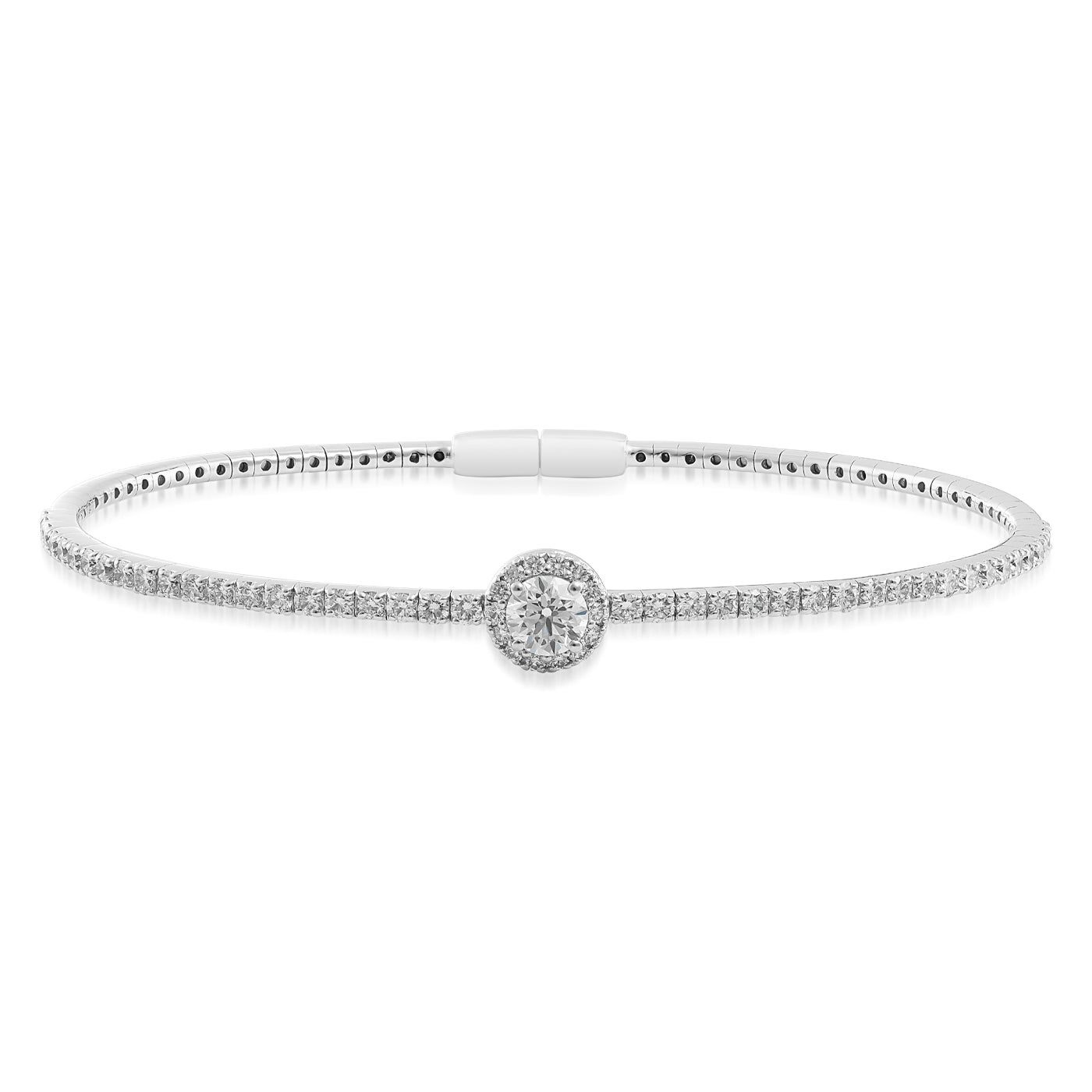 Introducing the Raffi&Co.® 18K White Gold Diamond Bracelet, a delicate creation featuring a circular diamond cluster as its centerpiece. Crafted with fine 18K white gold, it is elegantly accompanied by a thin band of small diamonds, set against a simple white background.