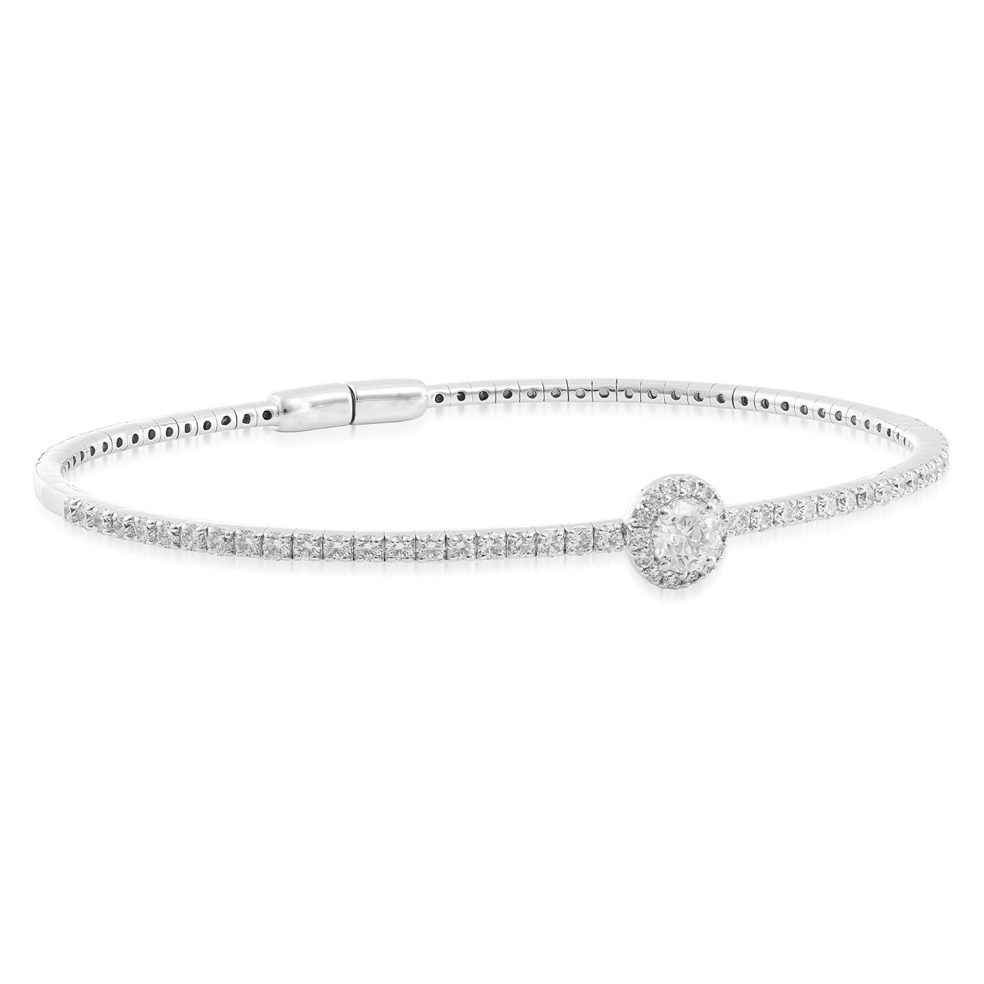 This sophisticated Raffi&Co® 18K White Gold Diamond Bracelet features a continuous row of shimmering diamonds, highlighted by a prominent circular diamond at the center. Its streamlined design with a secure clasp beautifully embodies elegance and style.