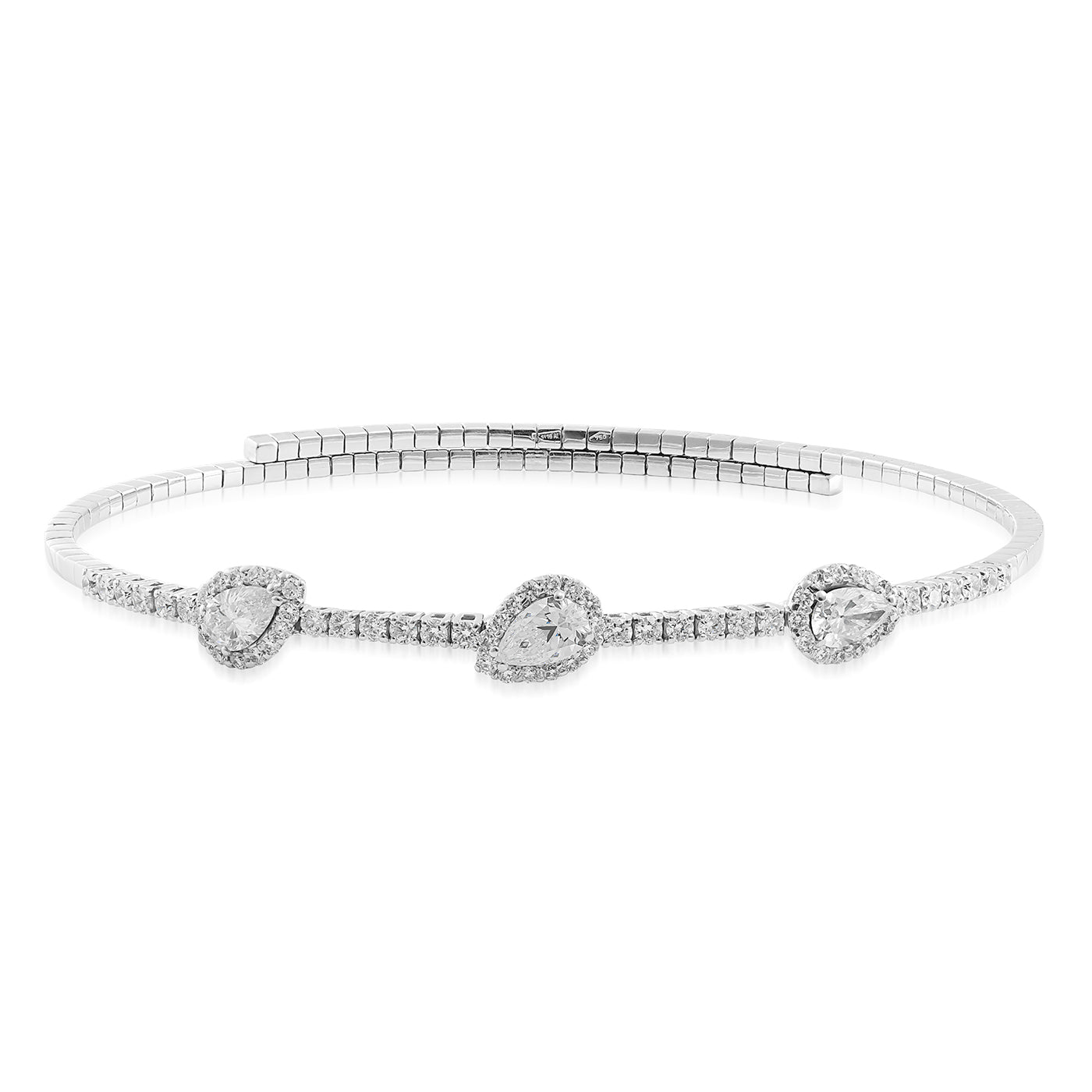 The Raffi&Co.® 18K White Gold Diamond Bracelet by Raffi&Co highlights a pear-shaped center stone encircled by accent diamonds on a thin, flexible metal band, epitomizing an elegant and minimalist design.