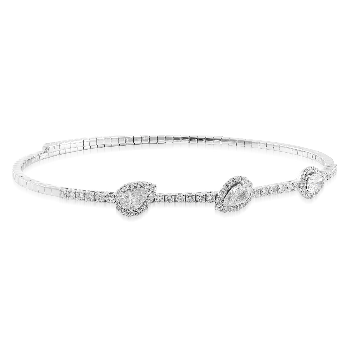 The Raffi&Co.® 18K White Gold Diamond Bracelet by Raffi&Co boasts three teardrop-shaped accent diamonds. The sleek and minimalist band complements the evenly spaced diamonds, creating an elegant appearance.