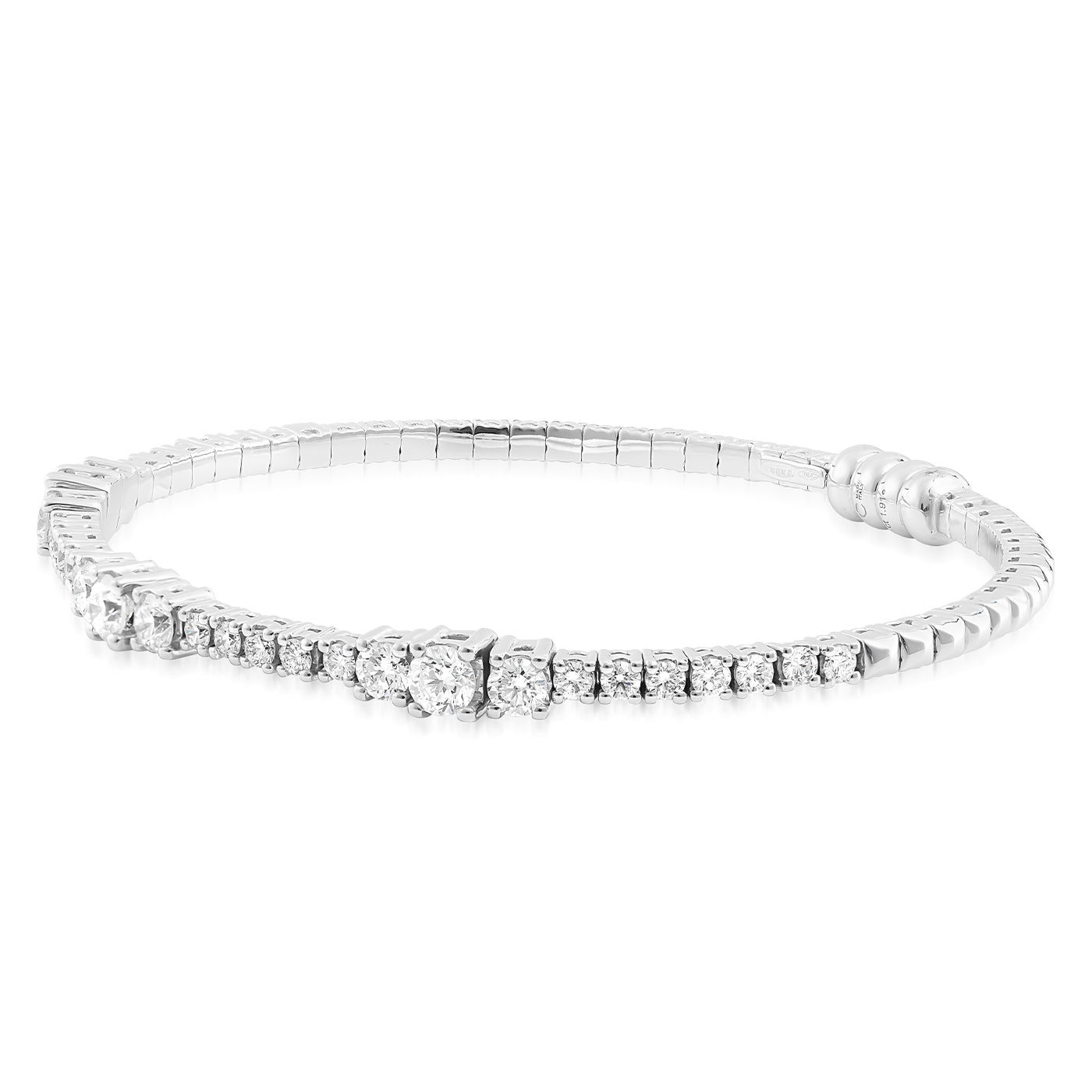 The Raffi&Co.® 18K White Gold Diamond Bracelet is an exquisite piece crafted by Raffi&Co, featuring a row of dazzling 1.91-carat round diamonds set along its length. Its elegant design and sleek clasp ensure secure fastening while spotlighting the shimmering gemstones.