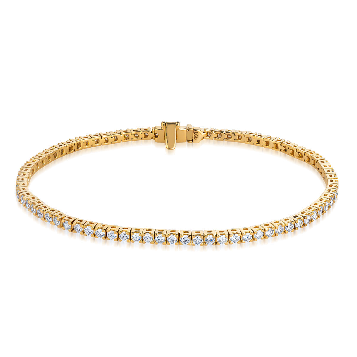 The Raffi&Co.® 14K Yellow Gold Round Brilliant Lab Diamond Tennis Bracelet features a single row of lab-grown round diamonds in a delicate gold band, embodying sustainable luxury. Displayed on a white background.